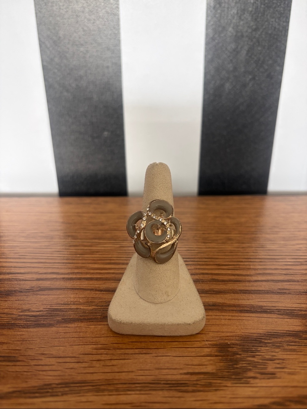 Adjustable Swirl Ring - Gold-Tone Alloy with Beige Grey Enamel & CZ Stones